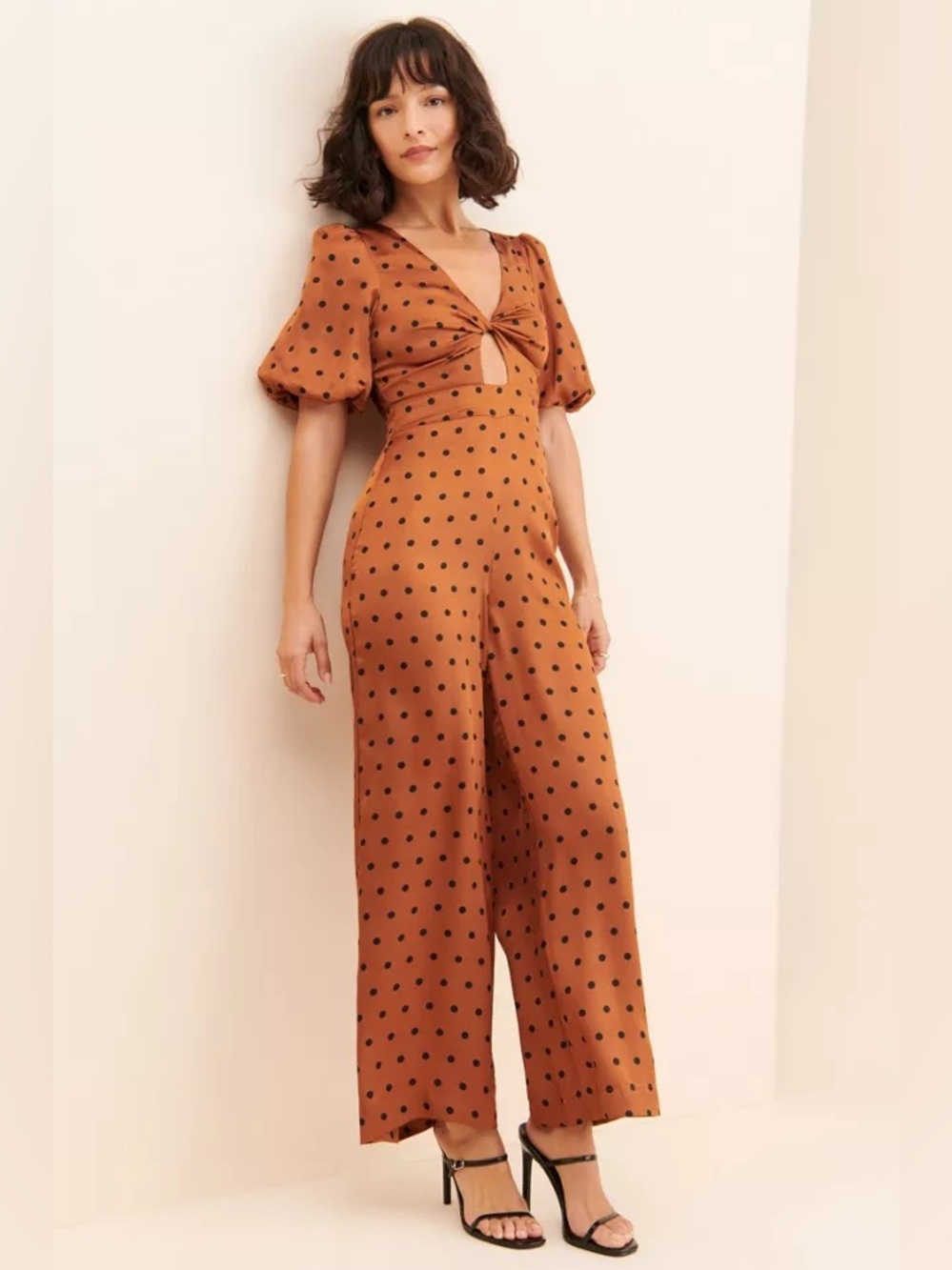 MinkPink Polka Dot Twist Front Wide Leg Jumpsuit Copper Orange Brown Black Small